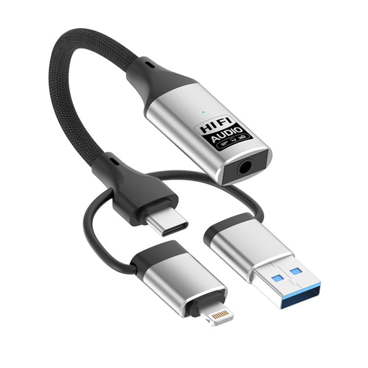 3 in 1 8 Pin, Type-C, USB to 3.5mm Multi-function External Sound Card