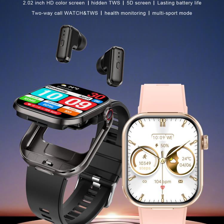 T99 2.02 inch Square Screen 2 in 1 Bluetooth Earphone IP67 Waterproof Smart Watch, Supports Blood Oxygen Monitoring