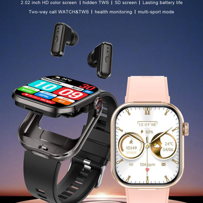 T99 2.02 inch Square Screen 2 in 1 Bluetooth Earphone IP67 Waterproof Smart Watch, Supports Blood Oxygen Monitoring