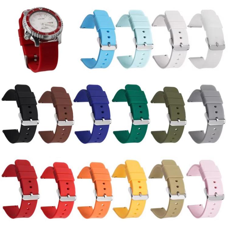 Stainless Steel Silver Pin Buckle Solid Color Silicone Waterproof Watch Band, 20mm, 21mm, 22mm, 24mm