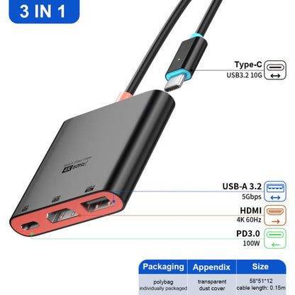 3 in 1 Type-C to HDMI + USB 3.0 + Type-C PD Charging Port Desktop Docking Station
