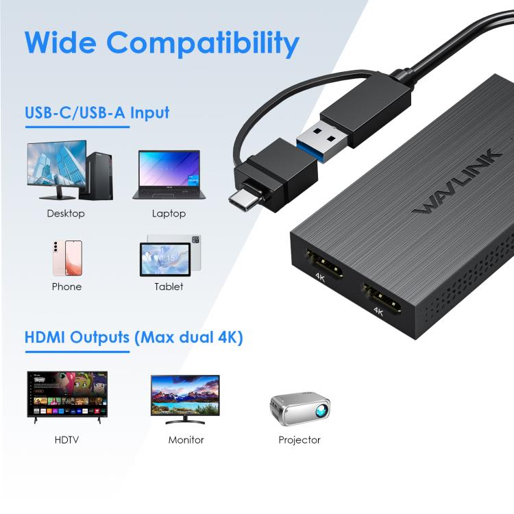 WAVLINK WL-UG6902H USB-A and USB-C / Type-C to Dual HDMI 4K 60Hz Display Adapter