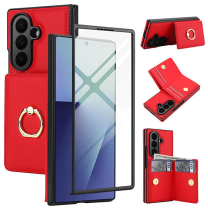 Integrated Flip Cover Card Slot Holder Leather Phone Case with Ring, For Galaxy Z Fold8 Ultra 5G, For Samsung Galaxy Z Fold7 5G, For Samsung Galaxy Z Fold6 5G, For Samsung Galaxy Z Fold5 5G, For Samsung Galaxy Z Fold4 5G, For Samsung Galaxy Z Fold3 5G