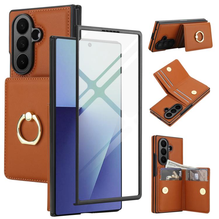 Integrated Flip Cover Card Slot Holder Leather Phone Case with Ring, For Galaxy Z Fold8 Ultra 5G, For Samsung Galaxy Z Fold7 5G, For Samsung Galaxy Z Fold6 5G, For Samsung Galaxy Z Fold5 5G, For Samsung Galaxy Z Fold4 5G, For Samsung Galaxy Z Fold3 5G