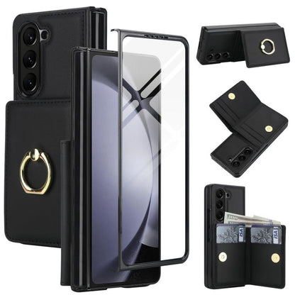 Integrated Flip Cover Card Slot Holder Leather Phone Case with Ring, For Galaxy Z Fold8 Ultra 5G, For Samsung Galaxy Z Fold7 5G, For Samsung Galaxy Z Fold6 5G, For Samsung Galaxy Z Fold5 5G, For Samsung Galaxy Z Fold4 5G, For Samsung Galaxy Z Fold3 5G