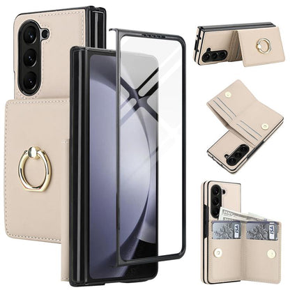 Integrated Flip Cover Card Slot Holder Leather Phone Case with Ring, For Galaxy Z Fold8 Ultra 5G, For Samsung Galaxy Z Fold7 5G, For Samsung Galaxy Z Fold6 5G, For Samsung Galaxy Z Fold5 5G, For Samsung Galaxy Z Fold4 5G, For Samsung Galaxy Z Fold3 5G