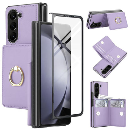 Integrated Flip Cover Card Slot Holder Leather Phone Case with Ring, For Galaxy Z Fold8 Ultra 5G, For Samsung Galaxy Z Fold7 5G, For Samsung Galaxy Z Fold6 5G, For Samsung Galaxy Z Fold5 5G, For Samsung Galaxy Z Fold4 5G, For Samsung Galaxy Z Fold3 5G