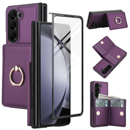 Integrated Flip Cover Card Slot Holder Leather Phone Case with Ring, For Galaxy Z Fold8 Ultra 5G, For Samsung Galaxy Z Fold7 5G, For Samsung Galaxy Z Fold6 5G, For Samsung Galaxy Z Fold5 5G, For Samsung Galaxy Z Fold4 5G, For Samsung Galaxy Z Fold3 5G