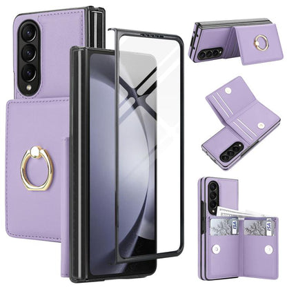 Integrated Flip Cover Card Slot Holder Leather Phone Case with Ring, For Galaxy Z Fold8 Ultra 5G, For Samsung Galaxy Z Fold7 5G, For Samsung Galaxy Z Fold6 5G, For Samsung Galaxy Z Fold5 5G, For Samsung Galaxy Z Fold4 5G, For Samsung Galaxy Z Fold3 5G