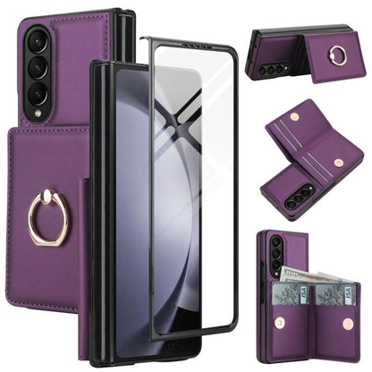 Integrated Flip Cover Card Slot Holder Leather Phone Case with Ring, For Galaxy Z Fold8 Ultra 5G, For Samsung Galaxy Z Fold7 5G, For Samsung Galaxy Z Fold6 5G, For Samsung Galaxy Z Fold5 5G, For Samsung Galaxy Z Fold4 5G, For Samsung Galaxy Z Fold3 5G