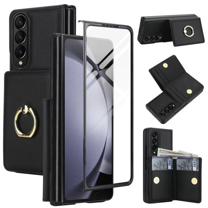 Integrated Flip Cover Card Slot Holder Leather Phone Case with Ring, For Galaxy Z Fold8 Ultra 5G, For Samsung Galaxy Z Fold7 5G, For Samsung Galaxy Z Fold6 5G, For Samsung Galaxy Z Fold5 5G, For Samsung Galaxy Z Fold4 5G, For Samsung Galaxy Z Fold3 5G