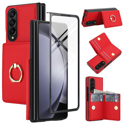 Integrated Flip Cover Card Slot Holder Leather Phone Case with Ring, For Galaxy Z Fold8 Ultra 5G, For Samsung Galaxy Z Fold7 5G, For Samsung Galaxy Z Fold6 5G, For Samsung Galaxy Z Fold5 5G, For Samsung Galaxy Z Fold4 5G, For Samsung Galaxy Z Fold3 5G