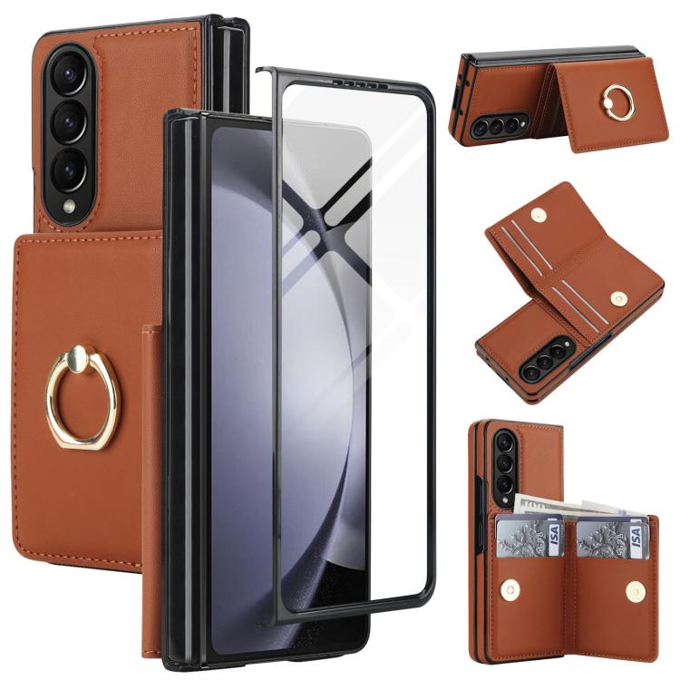 Integrated Flip Cover Card Slot Holder Leather Phone Case with Ring, For Galaxy Z Fold8 Ultra 5G, For Samsung Galaxy Z Fold7 5G, For Samsung Galaxy Z Fold6 5G, For Samsung Galaxy Z Fold5 5G, For Samsung Galaxy Z Fold4 5G, For Samsung Galaxy Z Fold3 5G