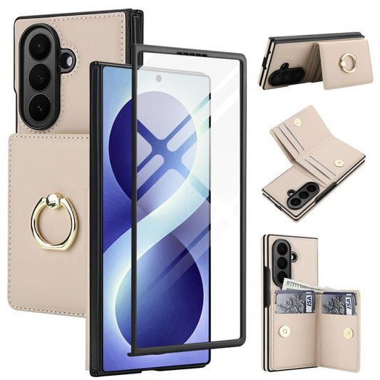 Integrated Flip Cover Card Slot Holder Leather Phone Case with Ring, For Galaxy Z Fold8 Ultra 5G, For Samsung Galaxy Z Fold7 5G, For Samsung Galaxy Z Fold6 5G, For Samsung Galaxy Z Fold5 5G, For Samsung Galaxy Z Fold4 5G, For Samsung Galaxy Z Fold3 5G