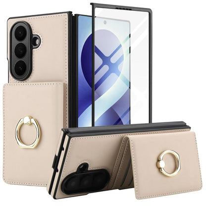 Integrated Flip Cover Card Slot Holder Leather Phone Case with Ring, For Galaxy Z Fold8 Ultra 5G, For Samsung Galaxy Z Fold7 5G, For Samsung Galaxy Z Fold6 5G, For Samsung Galaxy Z Fold5 5G, For Samsung Galaxy Z Fold4 5G, For Samsung Galaxy Z Fold3 5G