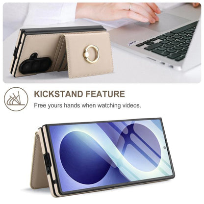 Integrated Flip Cover Card Slot Holder Leather Phone Case with Ring, For Galaxy Z Fold8 Ultra 5G, For Samsung Galaxy Z Fold7 5G, For Samsung Galaxy Z Fold6 5G, For Samsung Galaxy Z Fold5 5G, For Samsung Galaxy Z Fold4 5G, For Samsung Galaxy Z Fold3 5G