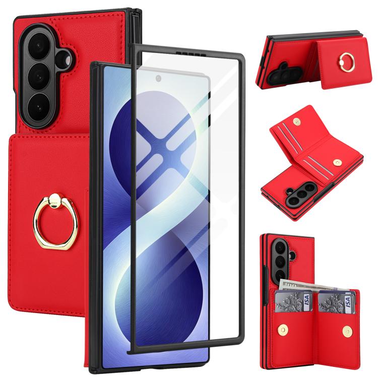 Integrated Flip Cover Card Slot Holder Leather Phone Case with Ring, For Galaxy Z Fold8 Ultra 5G, For Samsung Galaxy Z Fold7 5G, For Samsung Galaxy Z Fold6 5G, For Samsung Galaxy Z Fold5 5G, For Samsung Galaxy Z Fold4 5G, For Samsung Galaxy Z Fold3 5G