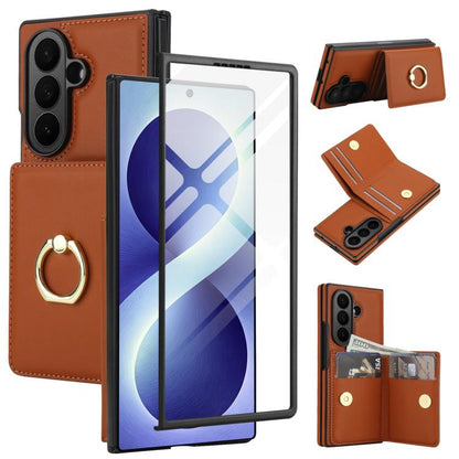 Integrated Flip Cover Card Slot Holder Leather Phone Case with Ring, For Galaxy Z Fold8 Ultra 5G, For Samsung Galaxy Z Fold7 5G, For Samsung Galaxy Z Fold6 5G, For Samsung Galaxy Z Fold5 5G, For Samsung Galaxy Z Fold4 5G, For Samsung Galaxy Z Fold3 5G