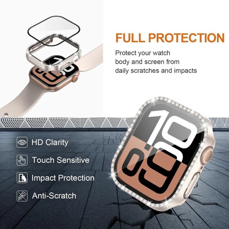 xDfind Single Row Diamond Tempered Glass Film Integrated PC Watch Case, For Apple Watch Series 44mm, For Apple Watch Series 40mm, For Apple Watch Series 11 46mm / 10 46mm, For Apple Watch Series 11 42mm / 10 42mm, For Apple Watch Ultra 3 / 2 / 1 49mm  ...