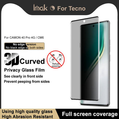 imak No Edge Version 3D Curved Privacy Full Screen Tempered Glass Film, For Tecno Camon 50 Pro 4G, For Tecno Camon 40 Pro 4G / CM6, For Tecno Camon 30S, For Tecno Camon 30S Pro, For Tecno Spark 20 Pro+