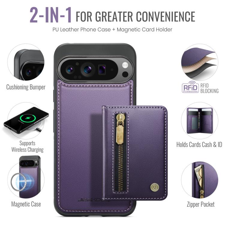 JEEHOOD J12 Exquisite RFID MagSafe Zipper Card Bag Phone Case, For Google Pixel 11 Pro XL, For Google Pixel 11 / 11 Pro, For Google Pixel 10a, For Google Pixel 10 Pro XL, For Google Pixel 9a, For Google Pixel 9 Pro XL, For Google Pixel 9 / 9 Pro