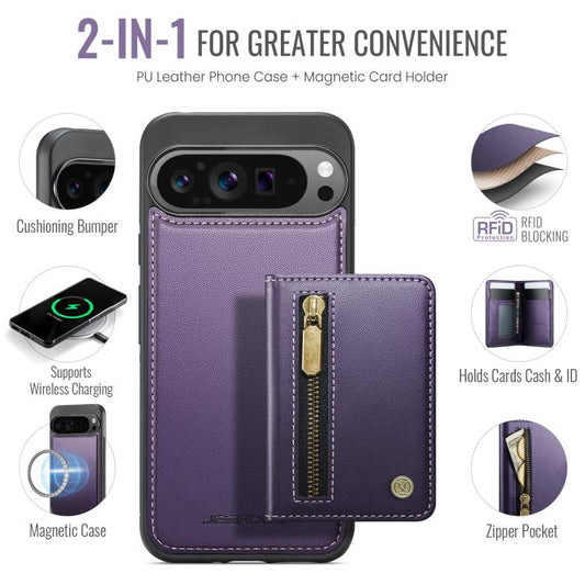 JEEHOOD J12 Exquisite RFID MagSafe Zipper Card Bag Phone Case, For Google Pixel 11 Pro XL, For Google Pixel 11 / 11 Pro, For Google Pixel 10a, For Google Pixel 10 Pro XL, For Google Pixel 9a, For Google Pixel 9 Pro XL, For Google Pixel 9 / 9 Pro