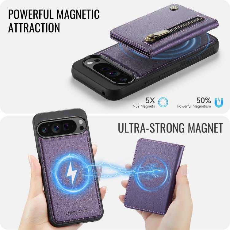 JEEHOOD J12 Exquisite RFID MagSafe Zipper Card Bag Phone Case, For Google Pixel 11 Pro XL, For Google Pixel 11 / 11 Pro, For Google Pixel 10a, For Google Pixel 10 Pro XL, For Google Pixel 9a, For Google Pixel 9 Pro XL, For Google Pixel 9 / 9 Pro