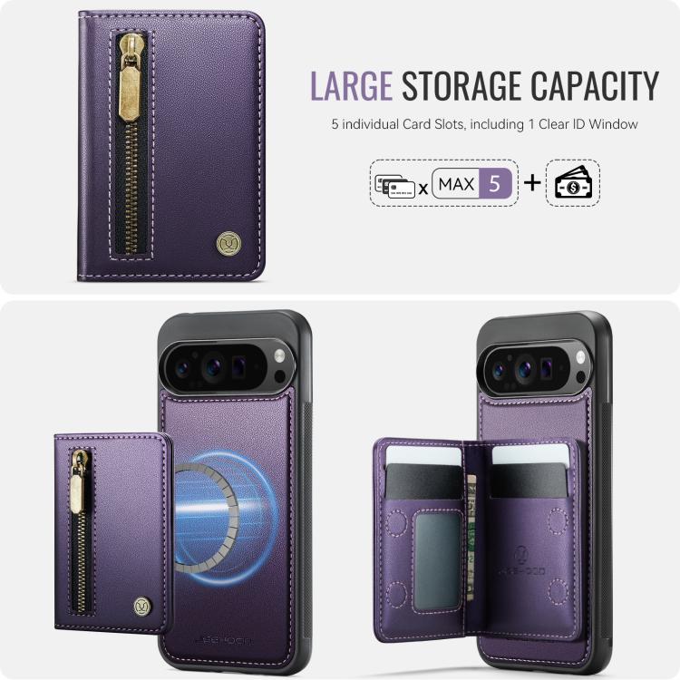 JEEHOOD J12 Exquisite RFID MagSafe Zipper Card Bag Phone Case, For Google Pixel 11 Pro XL, For Google Pixel 11 / 11 Pro, For Google Pixel 10a, For Google Pixel 10 Pro XL, For Google Pixel 9a, For Google Pixel 9 Pro XL, For Google Pixel 9 / 9 Pro