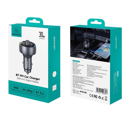 USAMS CC328 30W USB and Type-C Car Fast Charger Digital Display Bluetooth FM