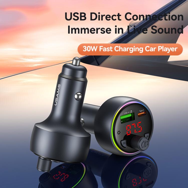 USAMS CC328 30W USB and Type-C Car Fast Charger Digital Display Bluetooth FM