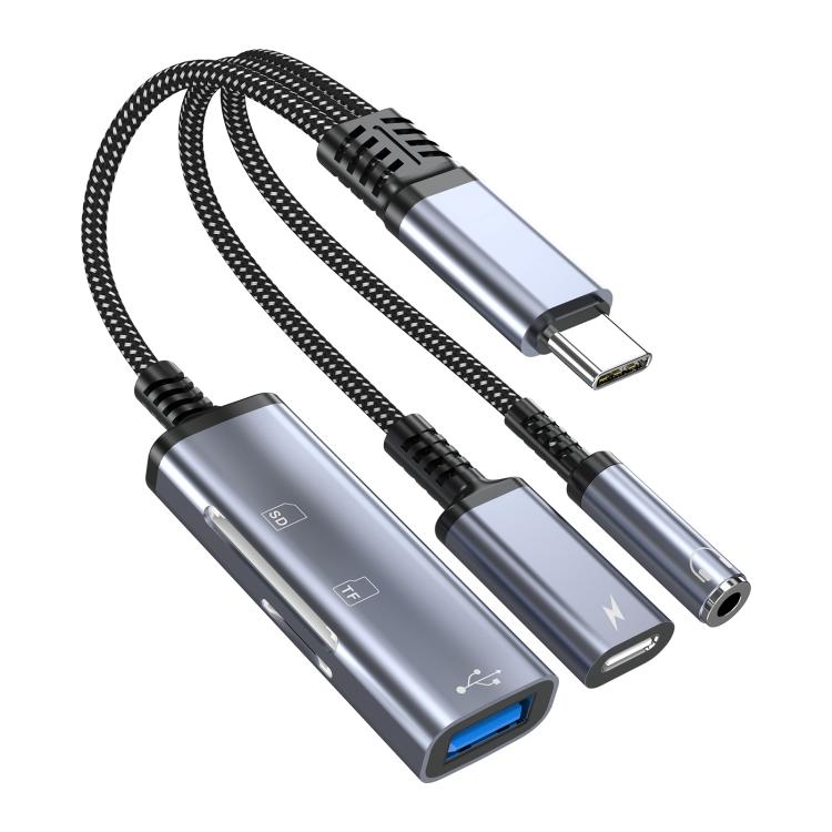 3 in 1 Type-C to USB+Type-C+3.5mm+TF+SD Multi-functional Charging Audio Transmission Adapter Cable