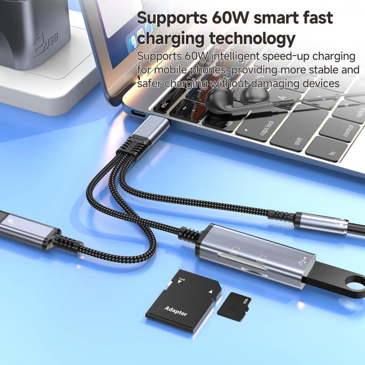 3 in 1 Type-C to USB+Type-C+3.5mm+TF+SD Multi-functional Charging Audio Transmission Adapter Cable