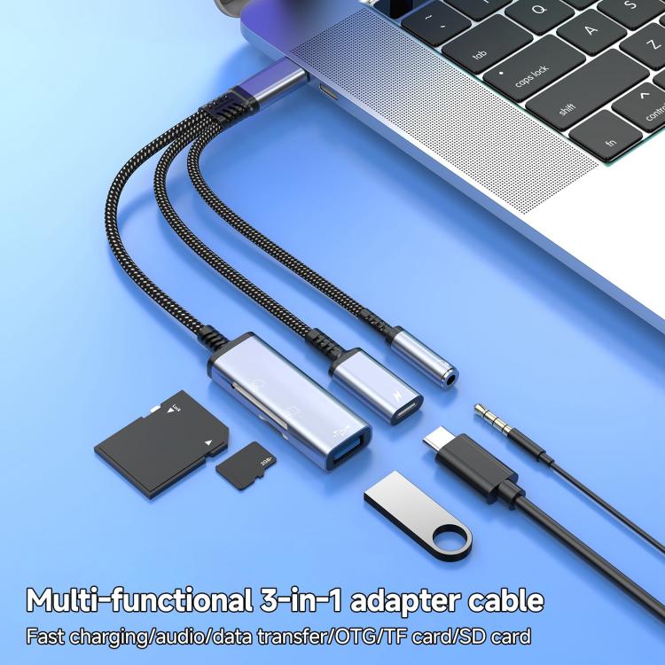 Câble adaptateur de transmission audio multifonction 3 en 1 Type-C vers USB+Type-C+3,5 mm+TF+SD