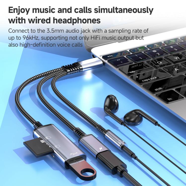 3 in 1 Type-C to USB+Type-C+3.5mm+TF+SD Multi-functional Charging Audio Transmission Adapter Cable