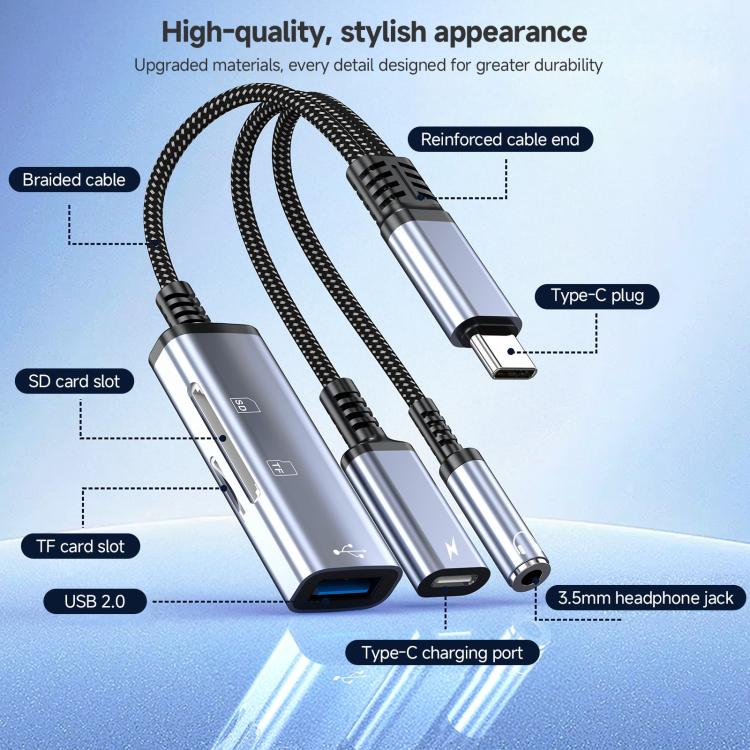 Câble adaptateur de transmission audio multifonction 3 en 1 Type-C vers USB+Type-C+3,5 mm+TF+SD