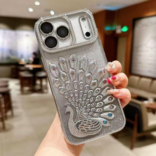 Electroplated TPU Peacock Relief Rhinestone Glitter Phone Case with Lens Film, For iPhone 17 Pro Max, For iPhone 17 Pro, For iPhone 17, For iPhone 16 Pro Max, For iPhone 16 Pro, For iPhone 16 Plus, For iPhone 16, For iPhone 15 Pro Max, For iPhone 15 Pr...