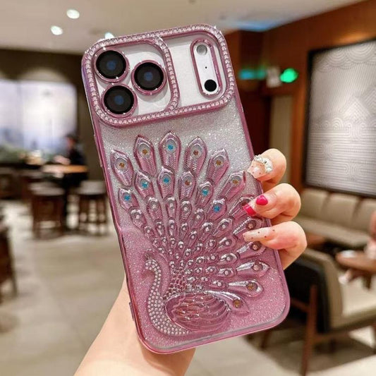 Electroplated TPU Peacock Relief Rhinestone Glitter Phone Case with Lens Film, For iPhone 17 Pro Max, For iPhone 17 Pro, For iPhone 17, For iPhone 16 Pro Max, For iPhone 16 Pro, For iPhone 16 Plus, For iPhone 16, For iPhone 15 Pro Max, For iPhone 15 Pr...