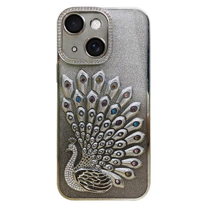 Electroplated TPU Peacock Relief Rhinestone Glitter Phone Case with Lens Film