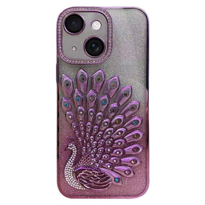 Electroplated TPU Peacock Relief Rhinestone Glitter Phone Case with Lens Film