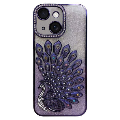 Electroplated TPU Peacock Relief Rhinestone Glitter Phone Case with Lens Film