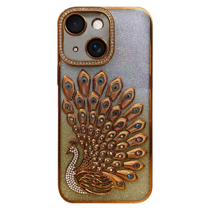 Electroplated TPU Peacock Relief Rhinestone Glitter Phone Case with Lens Film
