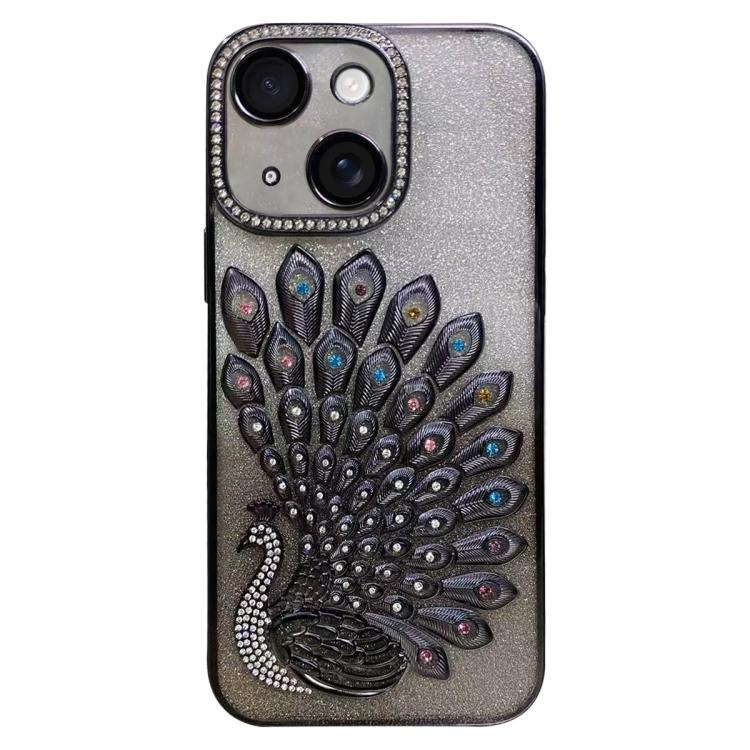 Electroplated TPU Peacock Relief Rhinestone Glitter Phone Case with Lens Film