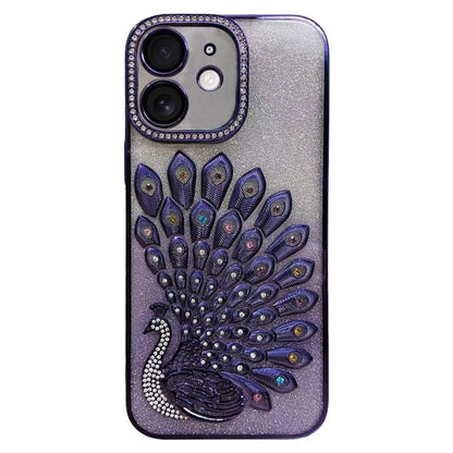 Electroplated TPU Peacock Relief Rhinestone Glitter Phone Case with Lens Film