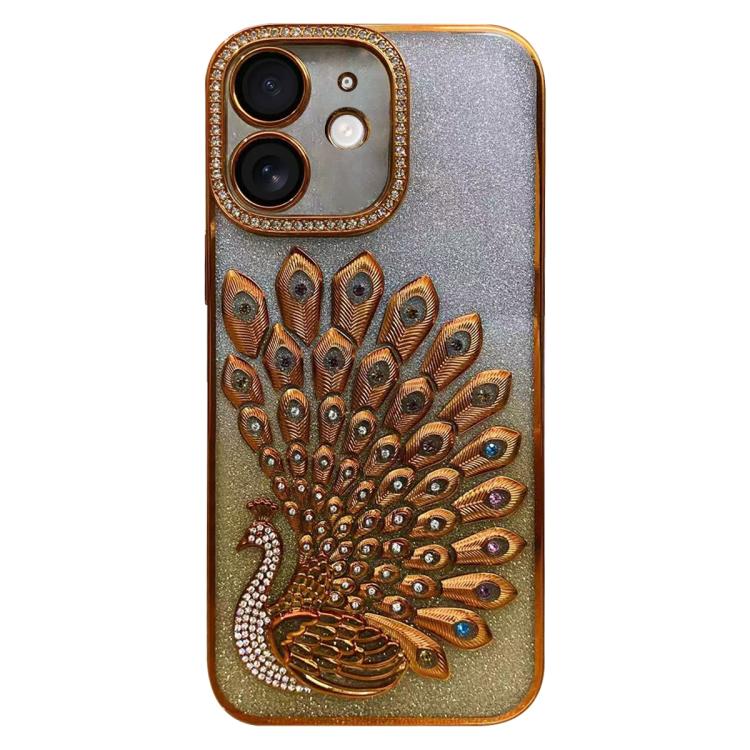 Electroplated TPU Peacock Relief Rhinestone Glitter Phone Case with Lens Film