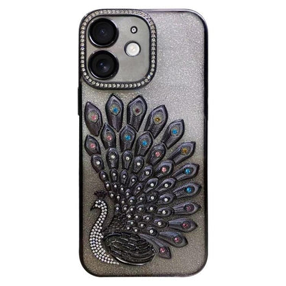 Electroplated TPU Peacock Relief Rhinestone Glitter Phone Case with Lens Film