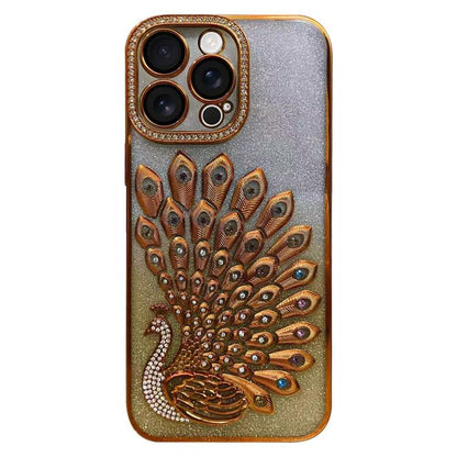 Electroplated TPU Peacock Relief Rhinestone Glitter Phone Case with Lens Film