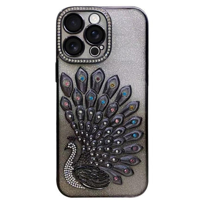 Electroplated TPU Peacock Relief Rhinestone Glitter Phone Case with Lens Film