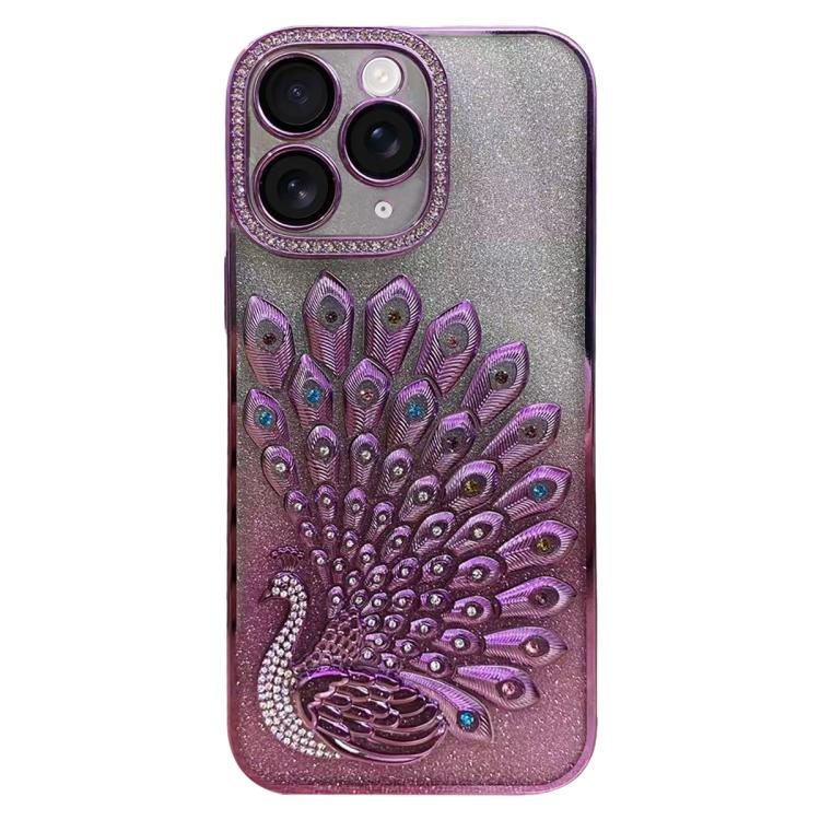 Electroplated TPU Peacock Relief Rhinestone Glitter Phone Case with Lens Film