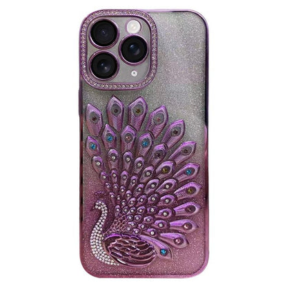 Electroplated TPU Peacock Relief Rhinestone Glitter Phone Case with Lens Film