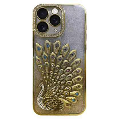 Electroplated TPU Peacock Relief Rhinestone Glitter Phone Case with Lens Film